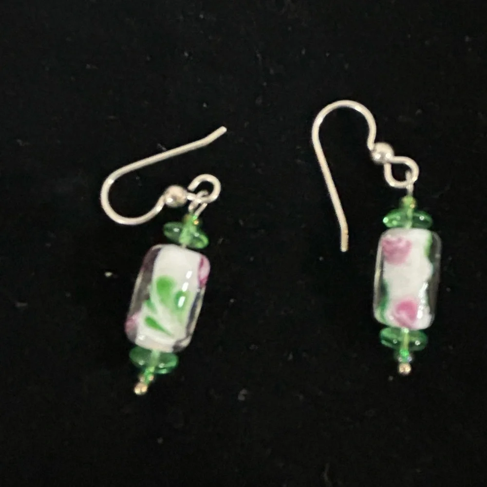 Glass floral pattern, white, and blue dangle earrings - Picture 2 of 2